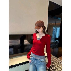 批发韩国2025秋冬装新款时尚修身显瘦韩版V领长袖假两件<b class='q'>打底衫</b>T恤女潮