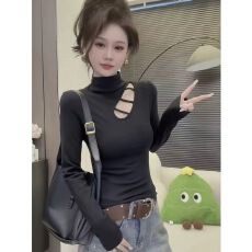 批发半高领镂空小众洋气长袖T恤女装2025冬季新款修身显瘦<b class='q'>打底衫</b>上衣