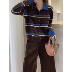 单排扣复古撞色针织开衫舒适羊绒长袖休闲2025秋季条纹上衣新款女