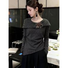 批发巨好看独特漂亮<b class='q'>不规则</b>设计翻领花朵斜肩针织衫女绝美气质小众上衣