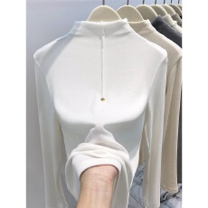 磨毛半高领长袖打底衫女2025秋冬新款设计感修身显瘦内搭正肩上衣