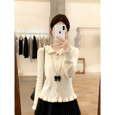 批发秋冬<b class='q'>韩版</b>甜美温柔娃娃领木耳边北极绒针织开衫毛衣外套