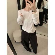 批发木耳边基础款长袖T恤女纯色圆领打底衫百搭<b class='q'>通勤</b>显瘦上衣