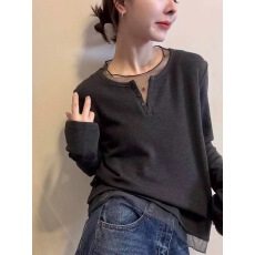 批发木耳边领长袖衣服打底衫女2025秋冬新款设计感拼接内搭衫上衣