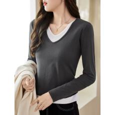 批发撞色假两件V领长袖T恤女2025秋季新款打底衫褶皱小个子短款上衣潮