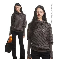 批发韩系灰色<b class='q'>条纹</b>长袖针织衫女早秋穿搭小众蝙蝠袖宽松上衣