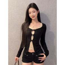 批发黑色假两件蕾丝长袖针织衫女秋冬纯欲气质短款修身内搭打底衫上衣