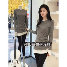批发中长款收腰<b class='q'>假两件</b>打底衫女秋冬遮屁股卫衣配鲨鱼裤的上衣