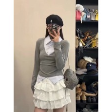 批发2026早春新款通勤百搭翻领拼接假两件<b class='q'>长袖</b>上衣女韩版百搭T恤衬衫