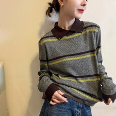 批发撞色条纹翻领羊毛针织衫女<b class='q'>欧洲站</b>2026冬装<b class='q'>新款</b>欧货女装时尚毛衣潮