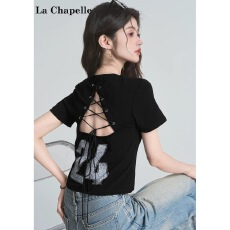 批发美式酷辣印花设计露背镂空绑带短袖t恤女夏心机圆领正肩<b class='q'>露</b><b class='q'>脐</b>上衣