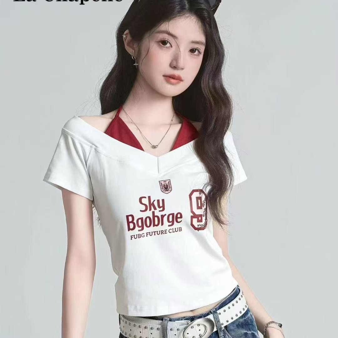 아메리칸 핫걸 알파벳 프린트 반팔 티셔츠 여성 여름 슬림해 보이는 페이크 레이어드 슬립 쇼트 스타일 맨위