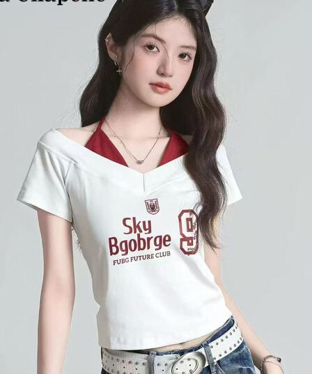 아메리칸 핫걸 알파벳 프린트 반팔 티셔츠 여성 여름 슬림해 보이는 페이크 레이어드 슬립 쇼트 스타일 맨위