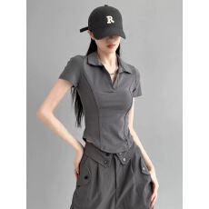 批发欧美辣妹风正肩短袖<b class='q'>T</b><b class='q'>恤</b>女Polo翻领2026夏季新款收腰鱼骨显瘦短袖