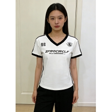 批发美式辣妹短袖女夏季新款撞色v领正肩t恤修身<b class='q'>显瘦</b>白色短款上衣