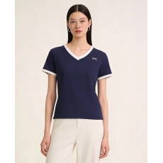 批发拼色V领短袖t恤女夏季修身<b class='q'>显瘦</b>下摆字母绣花设计感上衣