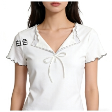 批发黑色假两件<b class='q'>v领</b>正肩短袖<b class='q'>t</b><b class='q'>恤</b>女夏季2025新款木耳边修身短款半袖上衣