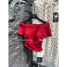 十三行性感一字肩短款t恤女夏短袖低领高腰修身上衣打底衫