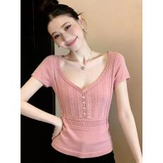 批发女装2026春夏季薄款镂空V领纽扣短袖针织t恤衫上衣