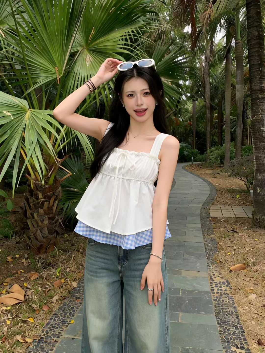 발레 바람 프릴 허리 수축 슬립 작은 셔츠 순수한 욕망 바람 부드러운 캐주얼 루즈핏 민소매 맨위