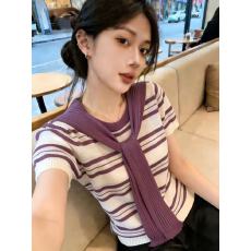 批发紫色披肩<b class='q'>条纹</b>短袖针织T恤女夏季新款甜美正肩减龄上衣