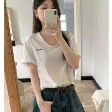 批发大领口刺绣字母短<b class='q'>袖</b>t恤女夏2026新款宽松显瘦U领露锁骨纯棉<b class='q'>半截</b><b class='q'>袖</b>