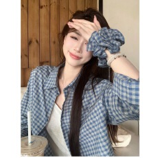 批发韩版宽松慵懒风防晒衬衫女夏薄款复古格子<b class='q'>长袖</b>衬衣外套小个子上衣