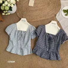 批发韩国东大门2026年夏季新款韩版修身系带设计减龄显瘦百搭格子<b class='q'>小衫</b>