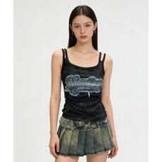 批发Y2K辣妹风渐变扎染背心 <b class='q'>牛仔</b>贴布刺绣设计感褶皱上衣