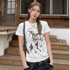 批发美式复古正肩休闲卡通印花短袖T恤女夏季显瘦小众<b class='q'>街头</b>上衣