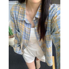 批发黄蓝格子设计感衬衫男款春季高级感上衣情侣衬衣美式复古中性<b class='q'>外套</b>