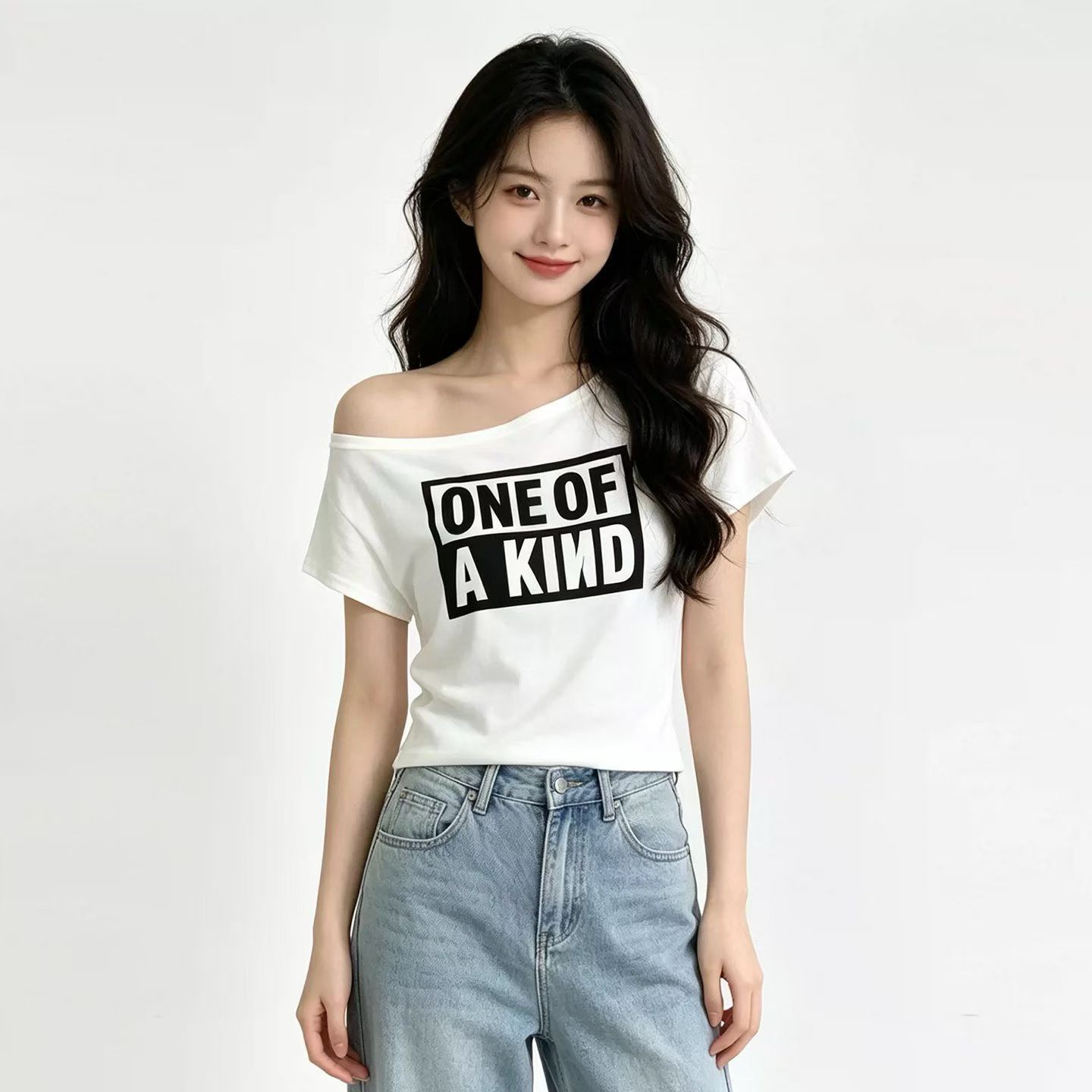 아메리칸 핫걸 순수한 욕망 알파벳 프린트 비스듬한 어깨 반팔 티셔츠 여성 여름 캐주얼 연령 감소 고유 한 아름다운 ins 맨위