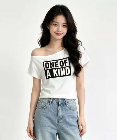 아메리칸 핫걸 순수한 욕망 알파벳 프린트 비스듬한 어깨 반팔 티셔츠 여성 여름 캐주얼 연령 감소 고유 한 아름다운 ins 맨위