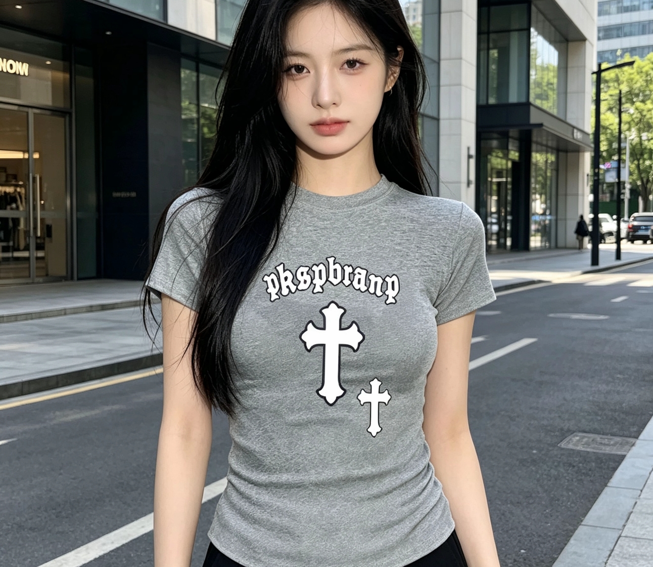 아메리칸 레트로 검정색 십자가 프린트 반팔 티셔츠 여성 몸매 가꾸기 타이트 허리 수축 슬림해 보이는 긍정적 인 어깨 쇼트 스타일 맨위