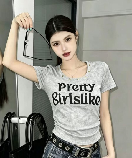 한국 스타일 알파벳 프린트 u 칼라 반팔 티셔츠 여성 여름 새로운 몸매 가꾸기 슬림해 보이는 못 버클 디자인 센스 다용도 핫걸 맨위