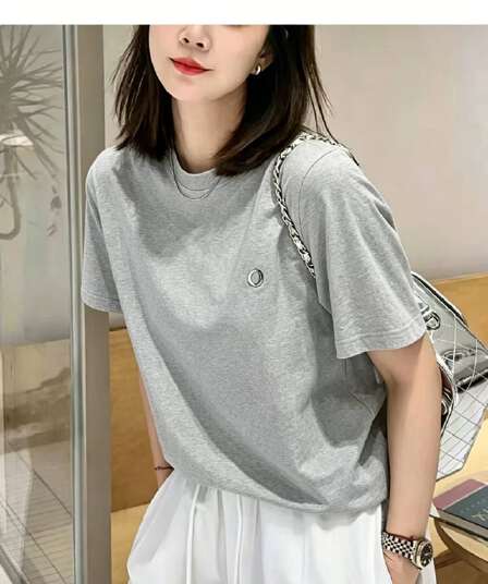 긍정적 인 어깨 반팔 회색 티셔츠 여성 라운드 넥 여름 얇은 스타일 인사이드 가져 가라. 기본 셔츠 루즈핏 빅 사이즈 동정 미니멀리즘 맨위