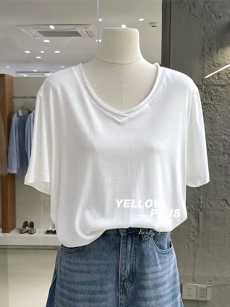 느긋한 캐주얼 볼륨 측면 V넥 주간 실크 가면 반팔 티셔츠 여성 2026 새로운 시원한 편안함 통기성 다용도 맨위