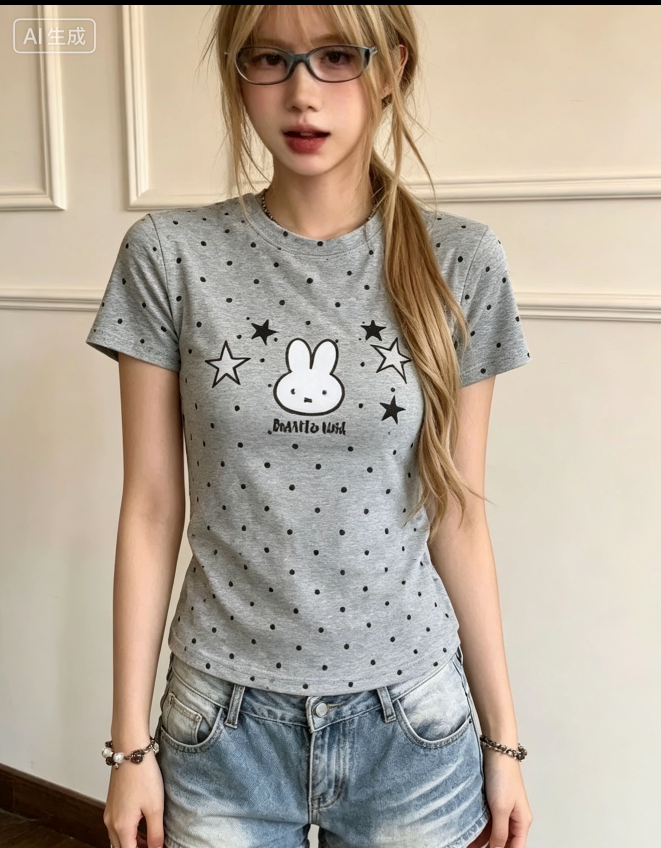 도트 무늬 토끼 자수 반팔 티셔츠 여성 여름 2026 새로운 긍정적 인 어깨 몸매 가꾸기 디스플레이 쇼트 스타일 한 부서 아름다운 맨위