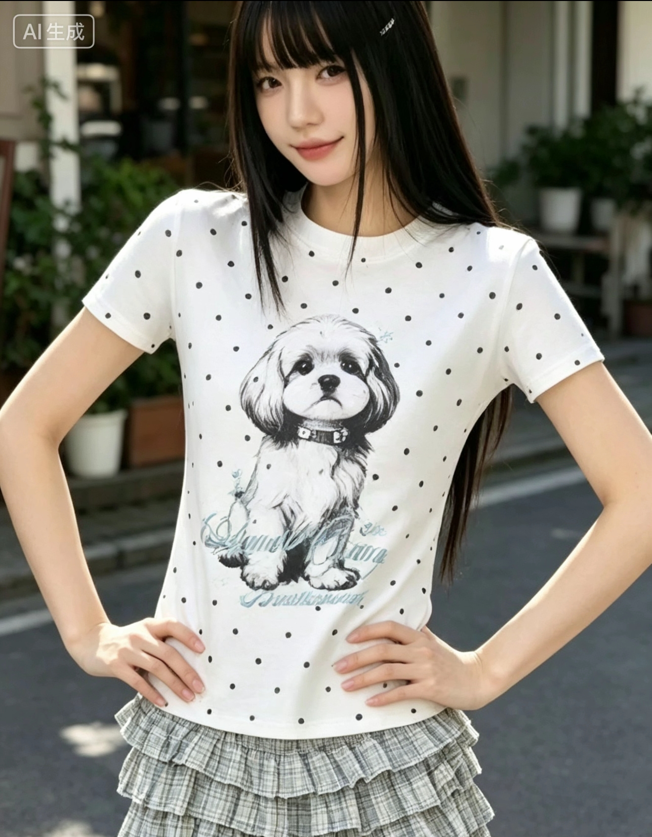 아메리칸 레트로 도트 무늬 강아지 프린트 반팔 티셔츠 여성 여름 디자인 센스 작은 대중 몸매 가꾸기 긍정적 인 어깨 쇼트 스타일 맨위