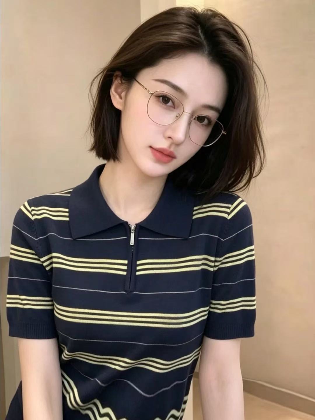 고유 한 슈퍼 잘 생긴 반팔 맨위 여성 2026 여름 새로운 작은 대중 디자인 센스 몸매 가꾸기 스트라이프 셔츠 칼라 니트 스웨터