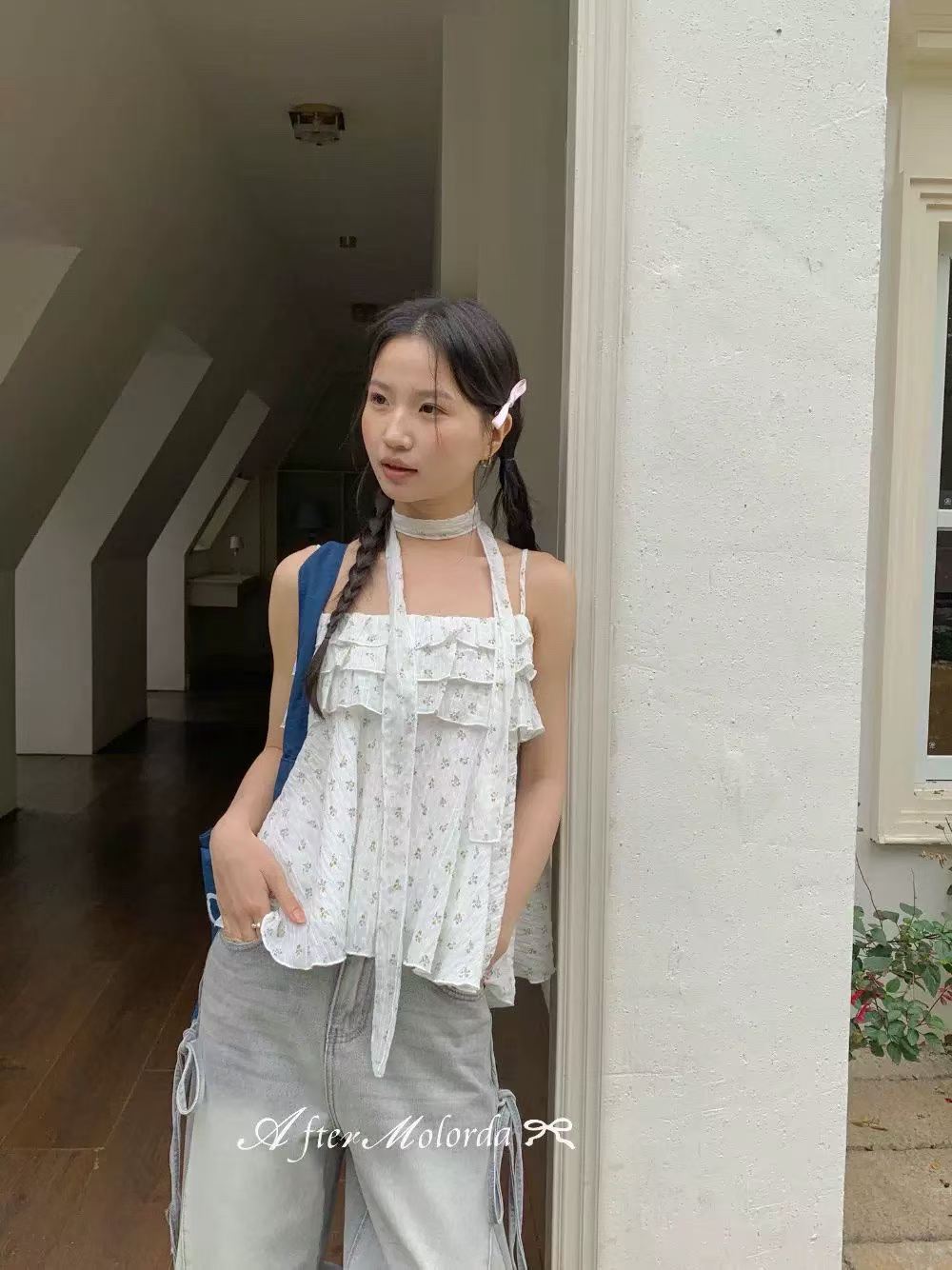 여름 외출용 행침 목 프릴 슬립 작은 조끼 여성 민소매 휴가 맨위 보내기 리본