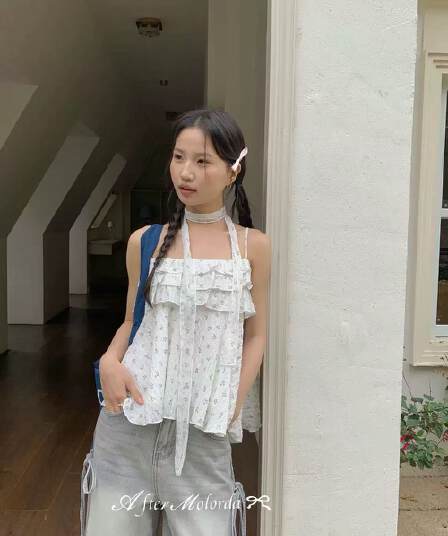 여름 외출용 행침 목 프릴 슬립 작은 조끼 여성 민소매 휴가 맨위 보내기 리본