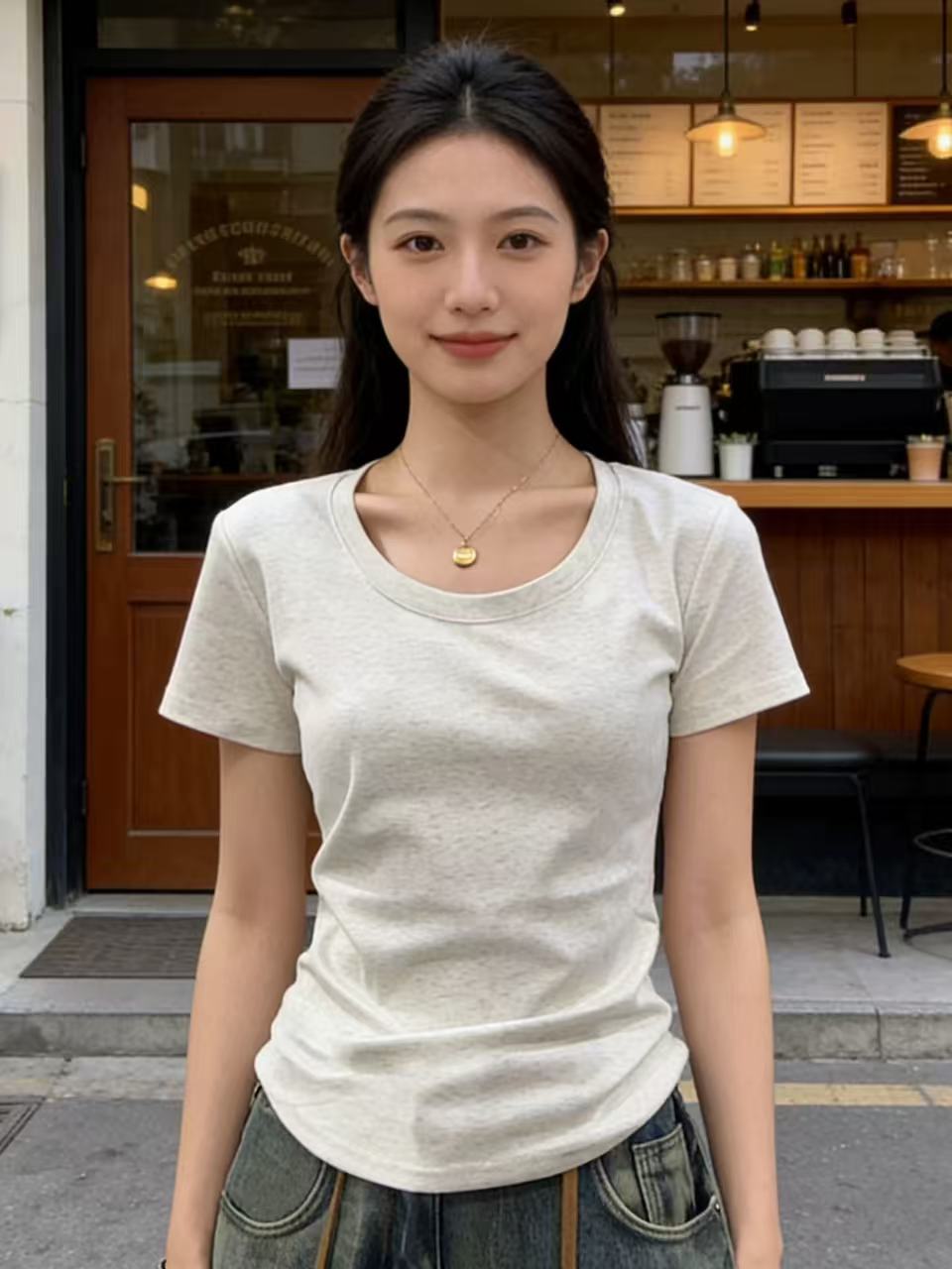 긍정적 인 어깨 화이트 반팔 여성 여름 몸매 가꾸기 기본 셔츠 여성 단색 면 티셔츠 라운드 넥 맨위 인사이드 가져 가라. 다용도 기초 섹션 t