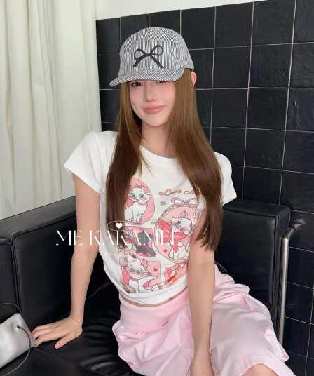 한 부서 달콤한 매운맛 3 차원 나비 매듭 고양이 스프레이 회화 작은 에디션 높은 탄력성 반팔 티셔츠 여성 셔츠