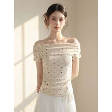 批发杏色波点一字肩短袖上衣女夏季修身显瘦气质<b class='q'>甜美</b>风