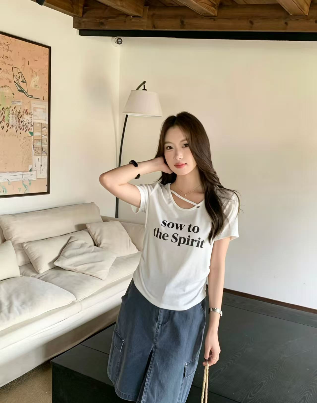 한 부서 순수한 욕망 바람 u 칼라 십자가 벨트 티셔츠 여성 여름 허리 수축 슬림해 보이는 쇼트 스타일 알파벳 프린트 핫걸 맨위 다용도