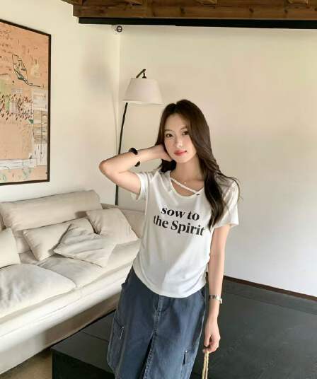 한 부서 순수한 욕망 바람 u 칼라 십자가 벨트 티셔츠 여성 여름 허리 수축 슬림해 보이는 쇼트 스타일 알파벳 프린트 핫걸 맨위 다용도
