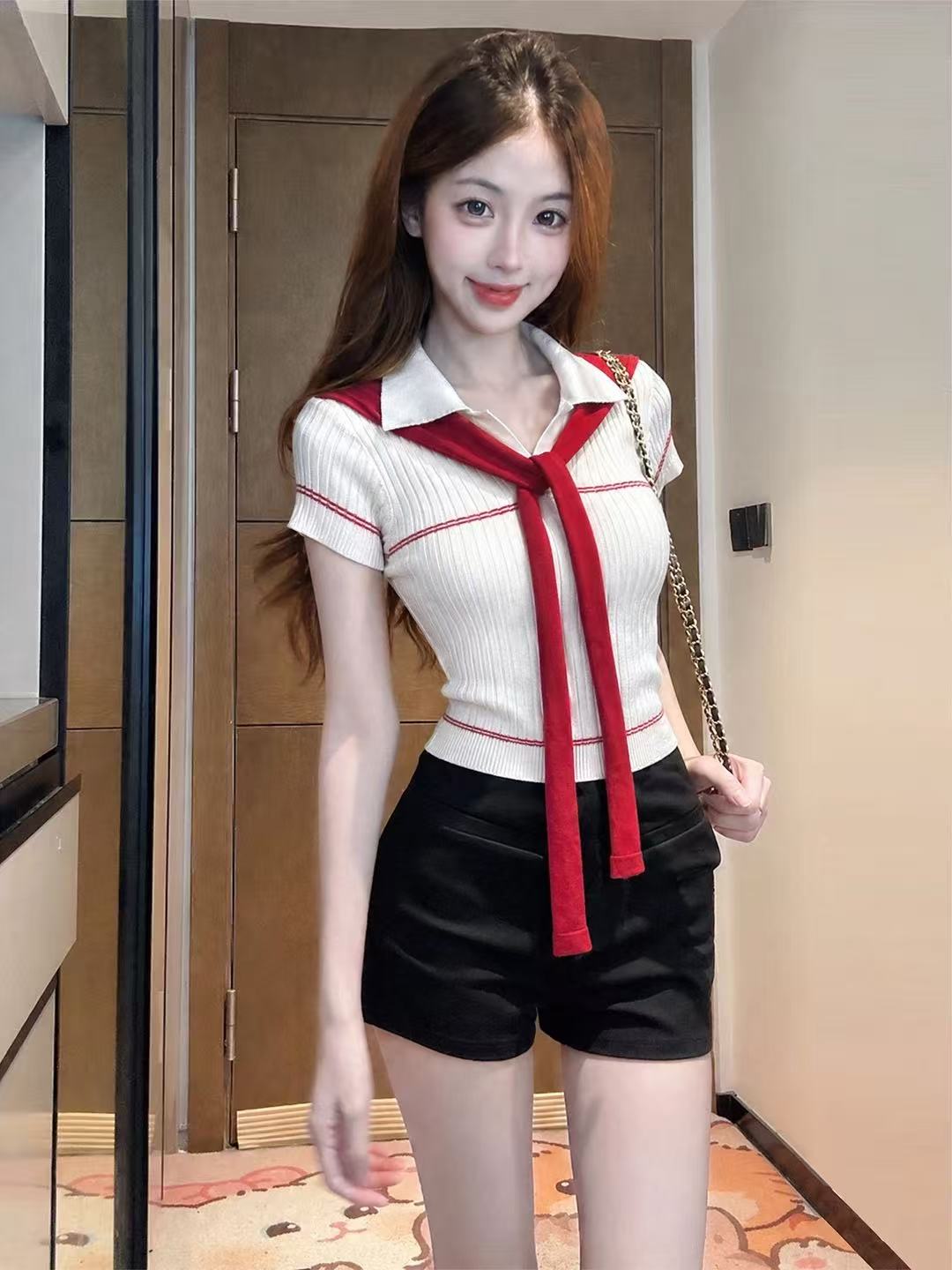 학원 스타일 배색 숄 POLO 칼라 반팔 티셔츠 여성 여름 순수한 욕망 바람 몸매 가꾸기 슬림해 보이는 다용도 니트 맨위