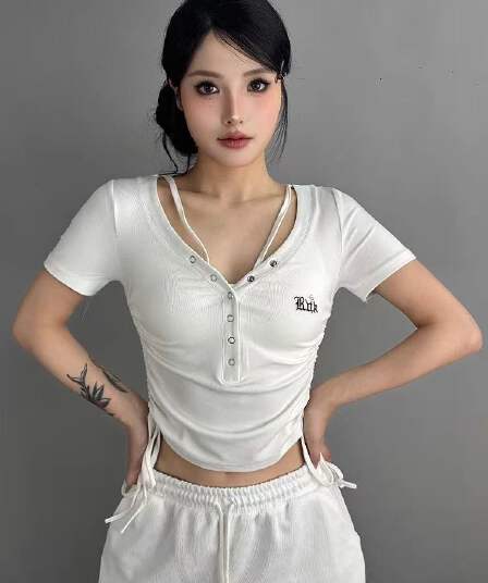 핫걸 춤추기 티셔츠 여성 못 버클 디자인 센스 몸매 가꾸기 긍정적 인 어깨 한 부서 다용도 트렌디