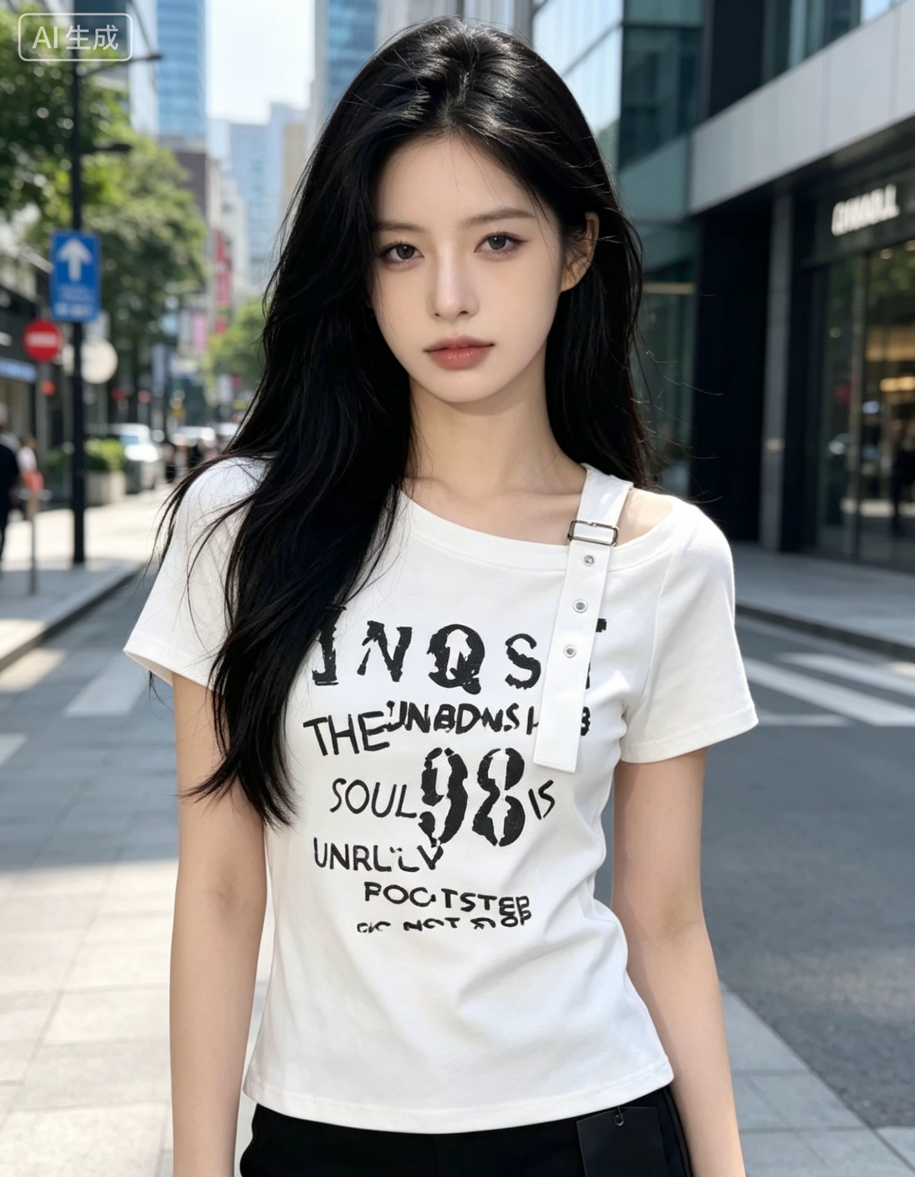 한 부서 2026 여름 새로운 외국 가스 ins 트렌디 슬림해 보이는 다용도 알파벳 프린트 비스듬한 어깨 반팔 티셔츠
